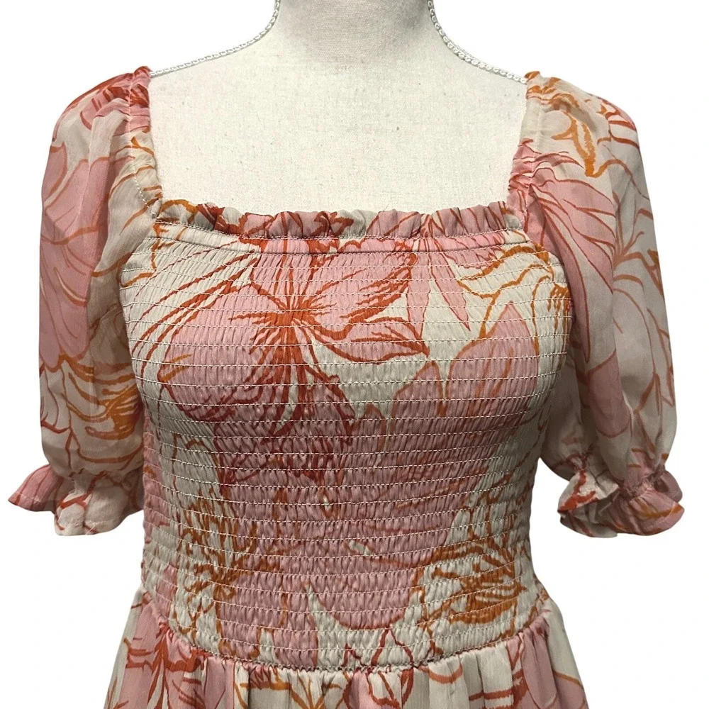 Patrons of Peace Floral Milkmaid Smocked Tiered Maxi Dress Women's M Cottage - Picture 2 of 7